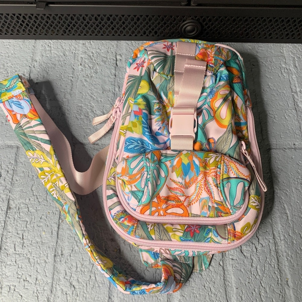 Vera Bradley Utility Sling Backpack Womens Pink Rainforest Canopy Pockets